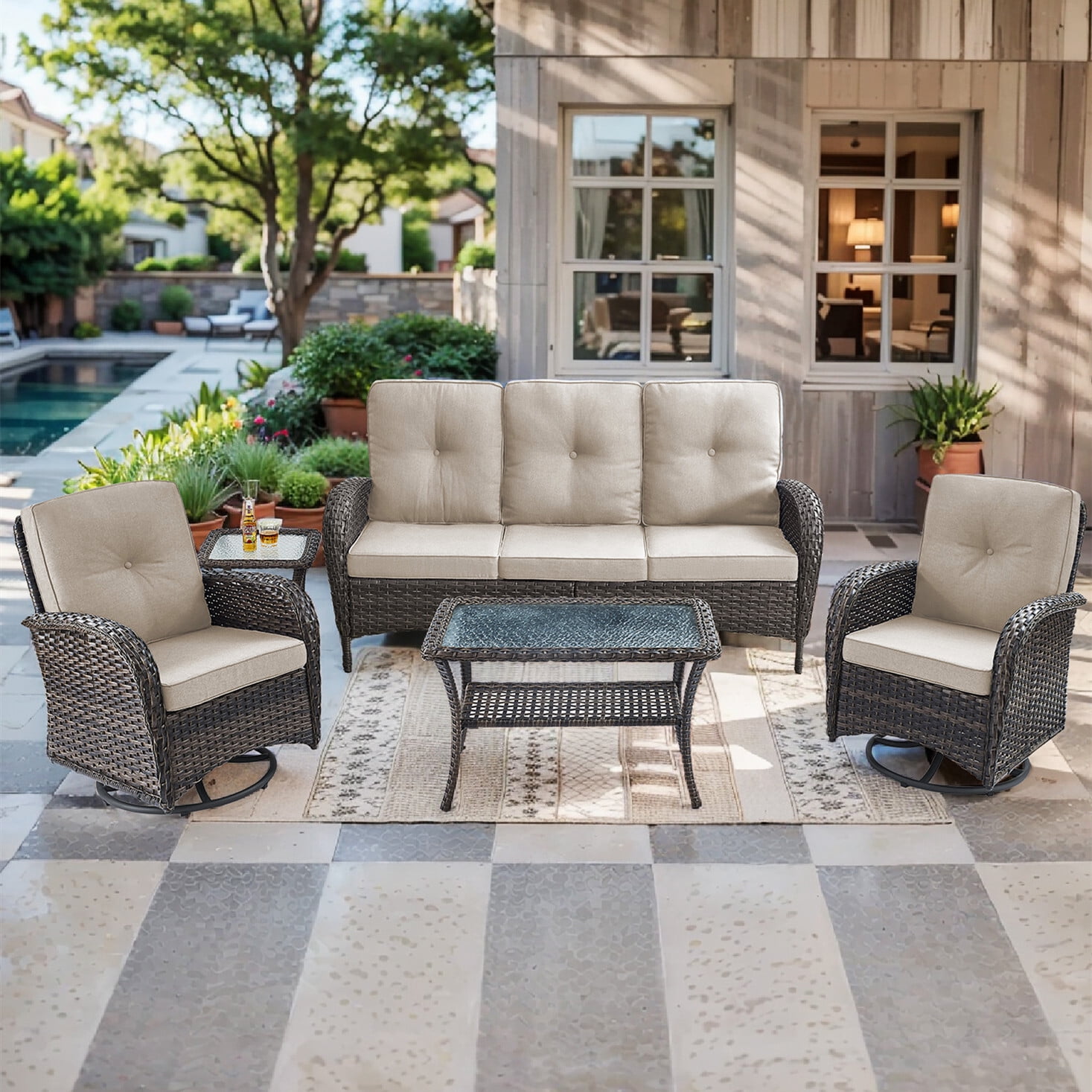 Bellefurn 5 Pieces Patio Furniture Sets with Outdoor Swivel Rocker Chairs Rattan 3-Seater Sofa and Coffee Table,Outdoor Conversation Set for Porch Deck Backyard Poolside