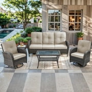 Bellefurn 5 Pieces Wicker Patio Furniture Set with Outdoor Swivel Rocker Chairs,Rattan 3-Seater Sofa and Coffee Table,Outdoor Conversation Set for Porch Deck Backyard Poolside