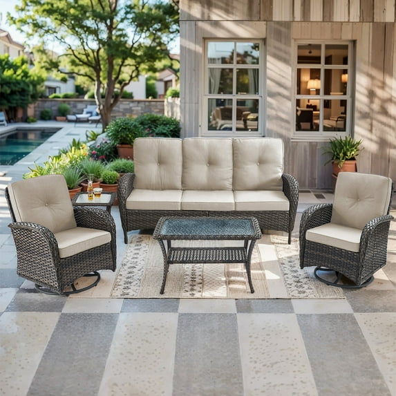 Bellefurn 5 Pieces Patio Furniture Sets with Outdoor Swivel Rocker Chairs Rattan 3-Seater Sofa and Coffee Table,Outdoor Conversation Set for Porch Deck Backyard Poolside