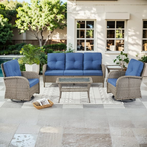 Bellefurn 5 Pieces Patio Furniture Sets with Outdoor Swivel Rocker Chairs Rattan 3-Seater Sofa and Coffee Table,Outdoor Conversation Set for Porch Deck Backyard Poolside