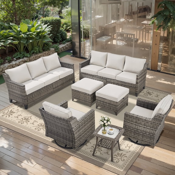 Bellefurn 8 Pieces Patio Furniture Sets with Fire Pit and Swivel Rocker Chairs,High-Back Rattan Patio Outdoor Conversation Set with 2-Seat Sofa & Side Table for Porch Deck Backyard Poolside