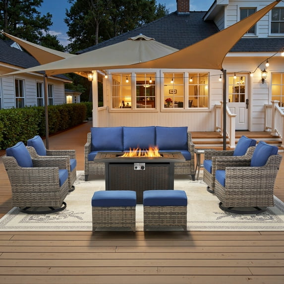 Bellefurn 8 Pieces Patio Furniture Sets with Fire Pit Table,All-Weather Wicker High Back Swivel Chairs,Couch,Ottoman and Side Table,Outdoor Patio Conversation Sets for Porch Deck Backyard
