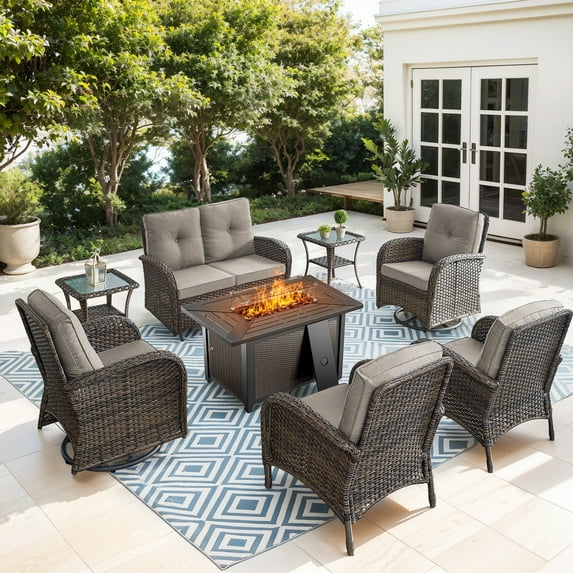 Bellefurn 8 Pieces Patio Furniture Sets with Fire Pit Table,Swivel Rocker Chairs adn Rattan Sofa,Outdoor Conversation Set with for Porch Deck Backyard Poolside