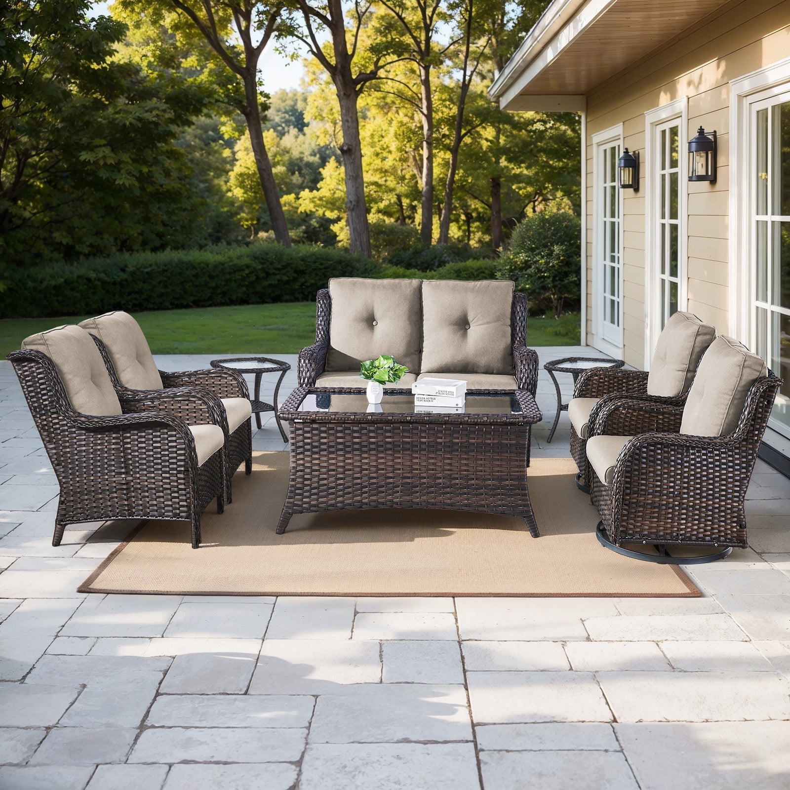 Bellefurn 8 Pieces Patio Furniture Sets with Swivel Rocking Chairs,High-Back Rattan Patio Outdoor Conversation Set with 2-Seat Sofa & Coffee Table for Porch Deck Backyard Poolside