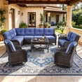 thumbnail image 1 of Bellefurn 6-Piece Outdoor Wicker Patio Furniture Set, L-Shaped Sectional Sofa with Loveseat & Swivel Rocking Chairs, All Weather Rattan Conversation Set, Beige Cushions for Backyard Porch Garden, 1 of 11
