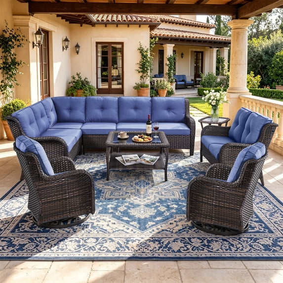 Bellefurn 6-Piece Outdoor Wicker Patio Furniture Set, L-Shaped Sectional Sofa with Loveseat & Swivel Rocking Chairs, All Weather Rattan Conversation Set, Beige Cushions for Backyard Porch Garden