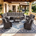 thumbnail image 1 of Bellefurn 6-Piece Outdoor Wicker Patio Furniture Set, L-Shaped Sectional Sofa with Loveseat & Swivel Rocking Chairs, All Weather Rattan Conversation Set, Beige Cushions for Backyard Porch Garden, 1 of 11