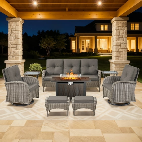 Bellefurn 8 Pieces Outdoor Patio Furniture Set with Fire Pit Table and Swivel Rocker Chairs,Rattan Outdoor Conversation Set with for Porch Deck Backyard Poolside