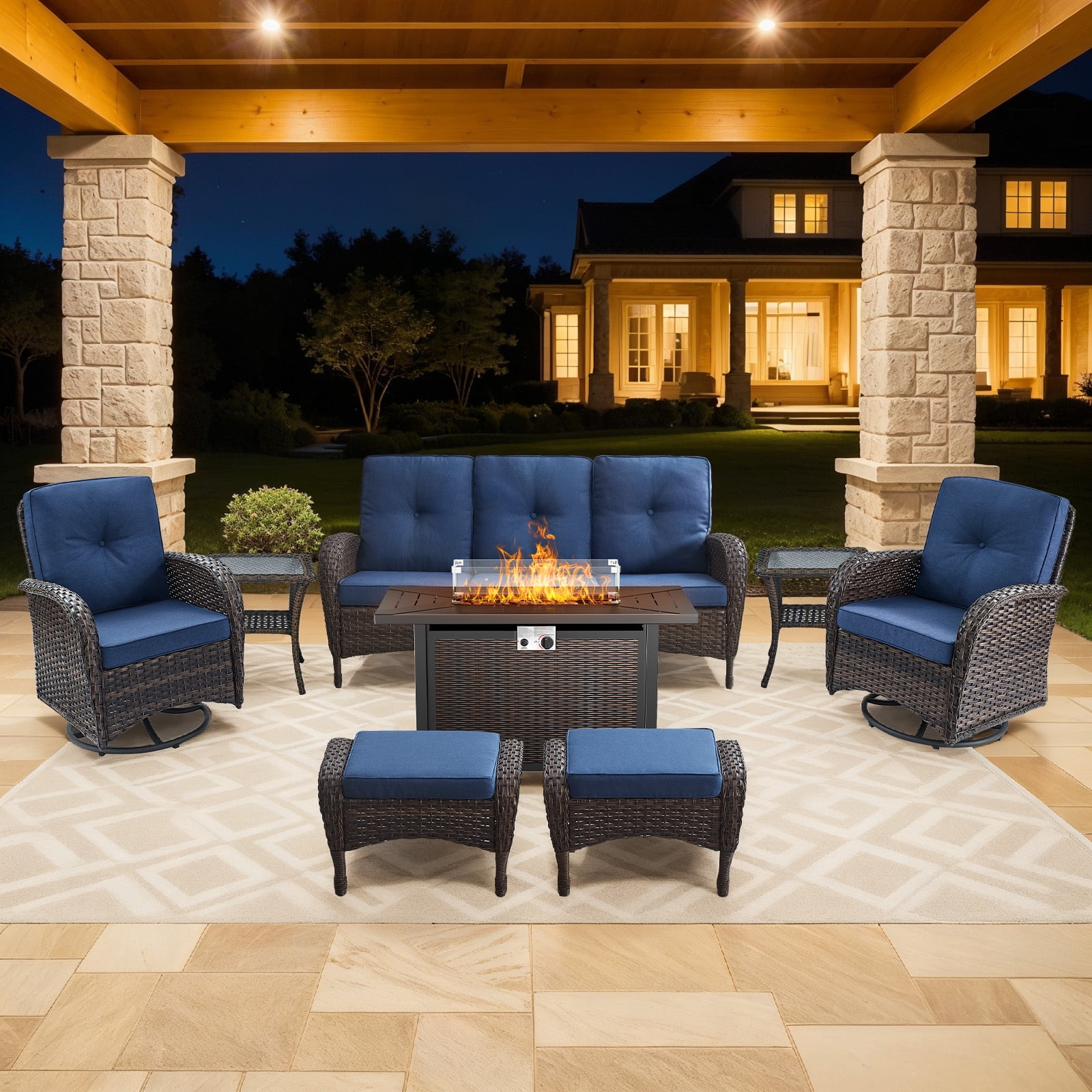 Bellefurn 8 Pieces Outdoor Patio Furniture Set with Fire Pit Table and Swivel Rocker Chairs,Rattan Outdoor Conversation Set with for Porch Deck Backyard Poolside