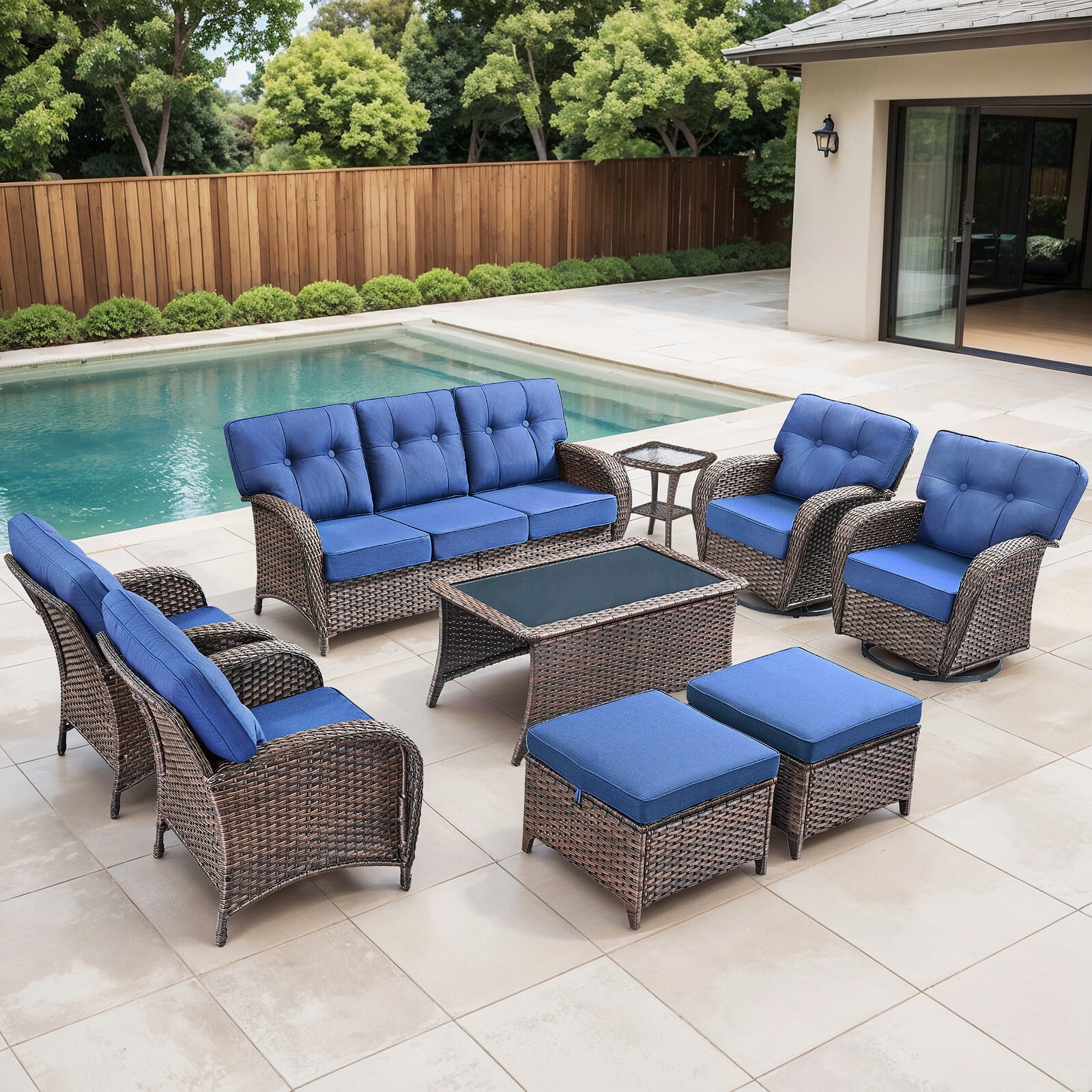 Bellefurn 9 Piece Outdoor Patio Wicker Furniture Sets,High Back Outdoor Conversation Set with Swivel Rocker Patio Chairs,Sofa,Coffee Table and Ottomans for Porch Balcony Patio Deck
