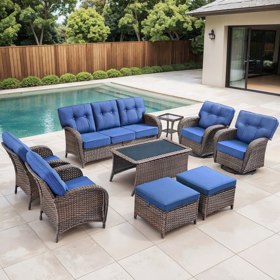 Bellefurn 9 Piece Outdoor Patio Wicker Furniture Sets,High Back Outdoor Conversation Set with Swivel Rocker Patio Chairs,Sofa,Coffee Table and Ottomans for Porch Balcony Patio Deck