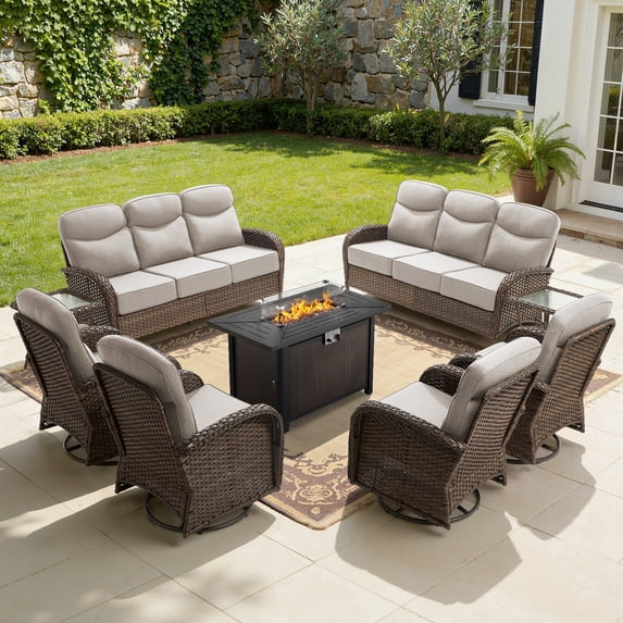 Bellefurn 9-Piece Patio Furniture Set with 43-Inch Fire Pit Table,High Back Swivel Rocker Chairs,6-Inch Thick Cushions,Wicker Outdoor Conversation Set,Sofa and Side Table for Porch, Deck, Backyard