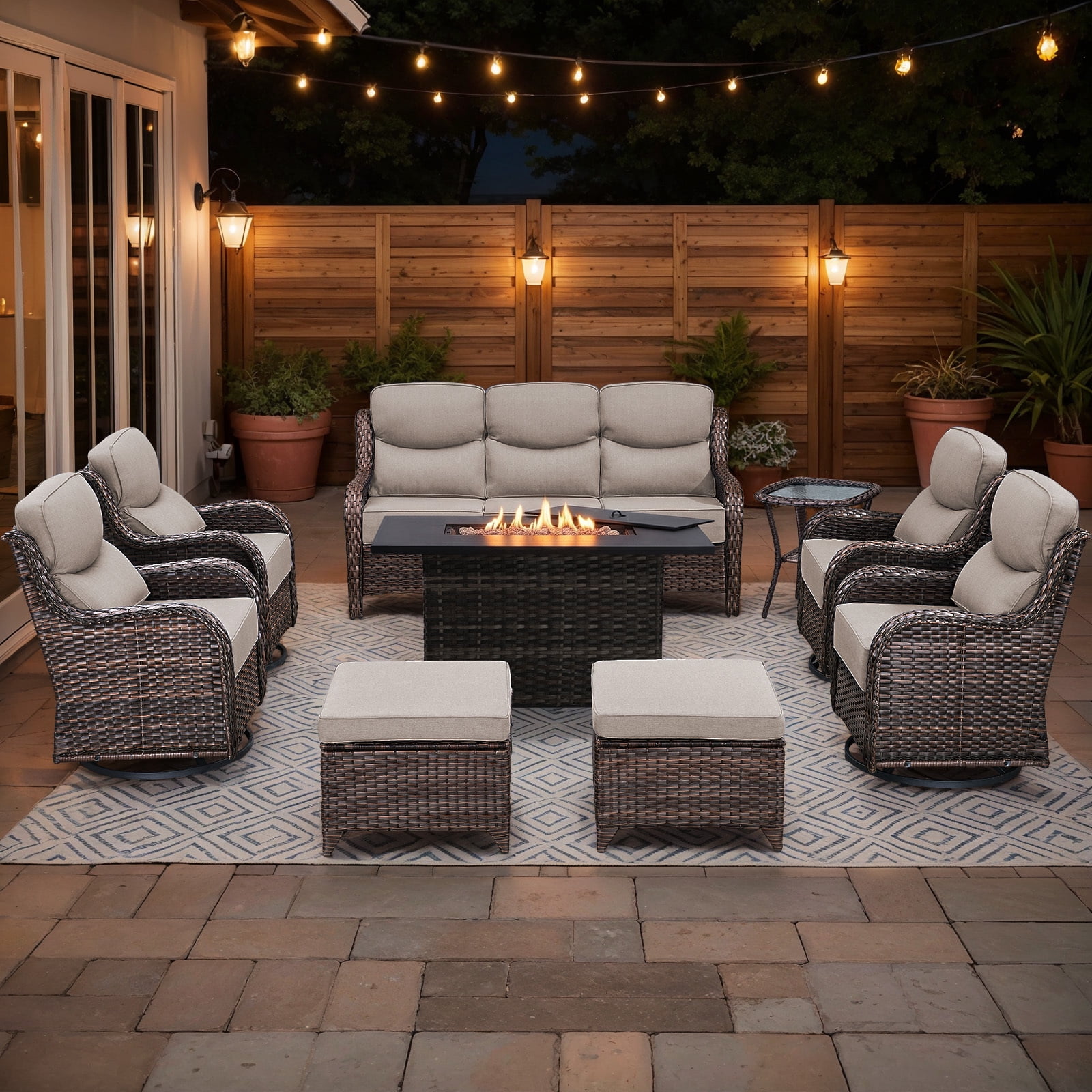 Bellefurn 9 Pieces Patio Furniture Sets with Fire Pit Table,Swivel Chairs with 6" Thick Cushion,Sofa and Ottomans,Patio Conversation Sets for Porch Deck Garden Backyard
