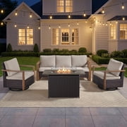Bellefurn Luxury 4 Pieces Patio Furniture Set with 41” Propane Fire Pit Table,Rattan Outdoor Deep Seating Conversation Set with Swivel Glider Patio Chair and Ra
