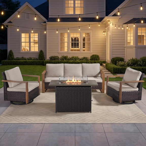 Bellefurn 4 Pieces Patio Furniture Sets with 41” Propane Fire Pit Table,Rattan Outdoor Conversation Sets with Swivel Glider Chairs and Sofa for Porch Backyard Balcony