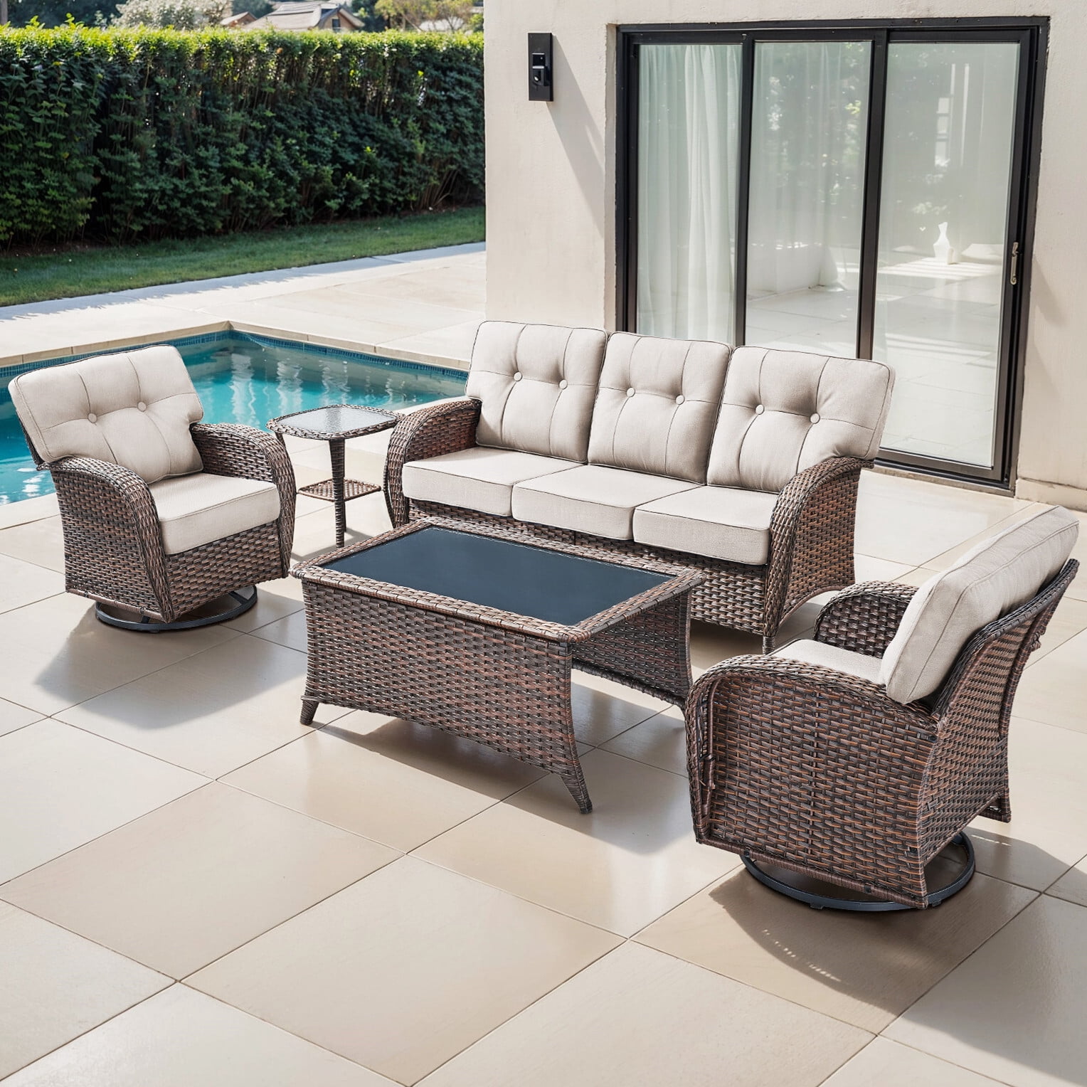 Bellefurn Luxury 5 Piece Outdoor Furniture Set with Swivel Glider Chairs,Sofa and Coffee Table,High Back Outdoor Conversation Sets for Porch Deck Garden Backyard
