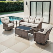 Bellefurn Luxury 5 Piece Outdoor Furniture Set with Swivel Glider Chairs,Sofa and Coffee Table,High Back Outdoor Conversation Sets for Porch Deck Garden Backyard