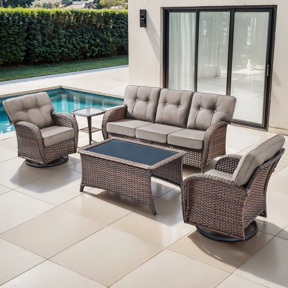 Bellefurn Luxury 5 Piece Outdoor Patio Furniture Sets with Swivel Rocking Chairs,Sofa and Coffee Table,High Back Wicker Outdoor Conversation Sets for Porch Deck Garden Backyard