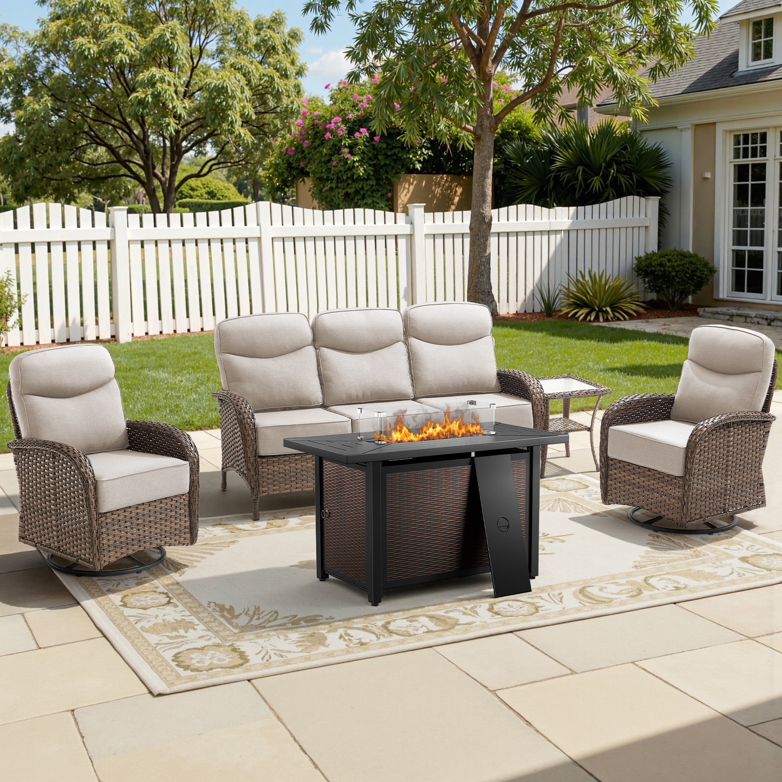 Bellefurn Luxury 5-Piece Patio Furniture Set with 43" Fire Pit Table and Swivel Rocker Patio Chairs with 6-inch Thick Cushion,Outdoor Couch,Side Table,Outdoor Conversation Set for Porch,Deck,Yard