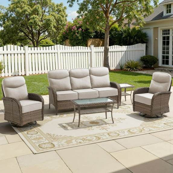 Bellefurn Luxury 5-Piece Patio Furniture Sets with 6-Inch Thick Cushions,High Back Wicker Swivel Rocker Patio Chairs,Couch and Coffee Table,All-Weather Conversation Set for Porch Deck Yard Pool