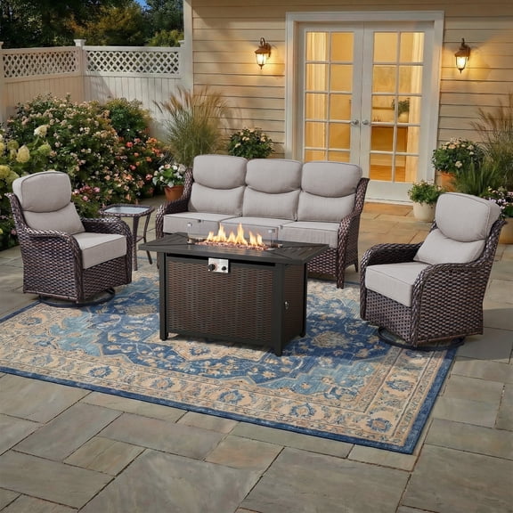 Bellefurn 5-Piece Outdoor Patio Furniture Set with Fire Pit Table Swivel Glider Chairs and 6" Thick Cushions,Sectional Sofa,Wicker Patio Conversation Set for Porch Deck Garden Backyard