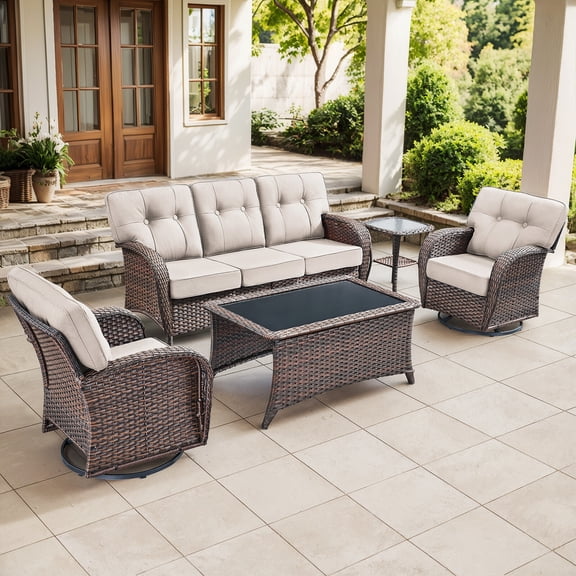 Bellefurn 5 Pieces Outdoor Patio Wicker Furniture Set with Swivel Chairs,Sofa and Coffee Table,High Back Outdoor Conversation Sets for Porch Deck Garden Backyard