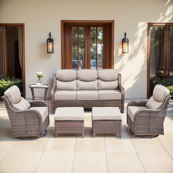 Bellefurn Luxury 6 Pieces Outdoor Patio Furniture Set with Swivel Rocker Chairs 6-inch Extra Thick Cushions,Sofa Coffee Table,Wicker Conversation Sets for Porch Deck Backyard Poolside