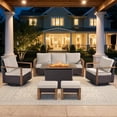 thumbnail image 1 of Bellefurn Luxury 6 Pieces Patio Furniture Set with 41” Propane Fire Pit Table,Rattan Outdoor Deep Seating Conversation Set with Swivel Glider Patio Chair and Rattan Sofa for Porch Backyard Balcony, 1 of 15