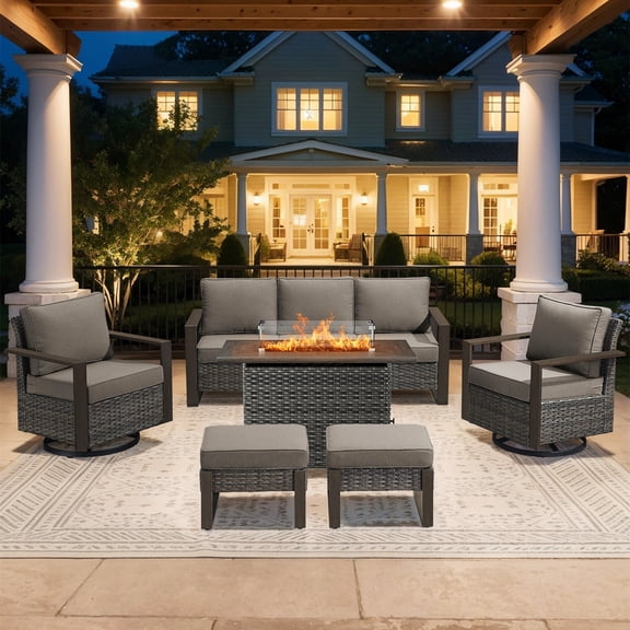 Bellefurn Luxury 6 Pieces Patio Furniture Set with 41” Propane Fire Pit Table,Rattan Outdoor Deep Seating Conversation Set with Swivel Glider Patio Chair and Rattan Sofa for Porch Backyard Balcony