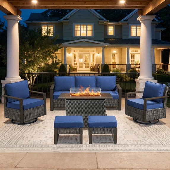Bellefurn Luxury 6 Pieces Patio Furniture Set with 41” Propane Fire Pit Table,Rattan Outdoor Deep Seating Conversation Set with Swivel Glider Patio Chair and Rattan Sofa for Porch Backyard Balcony