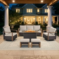 Bellefurn Luxury 6 Pieces Patio Furniture Set with 41” Propane Fire Pit Table,Rattan Outdoor Deep Seating Conversation Set with Swivel Glider Patio Chair and Rattan Sofa for Porch Backyard Balcony