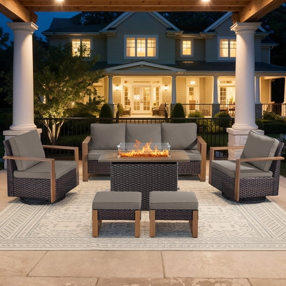 Bellefurn 6 Pieces Patio Furniture Sets with 41” Propane Fire Pit Table,Rattan Outdoor Conversation Sets with Swivel Glider Chairs Sofa and Ottomans for Porch Backyard Balcony