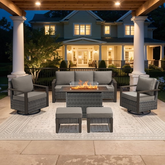 Bellefurn Luxury 6 Pieces Patio Furniture Set with 41” Propane Fire Pit Table,Rattan Outdoor Deep Seating Conversation Set with Swivel Glider Patio Chair and Rattan Sofa for Porch Backyard Balcony