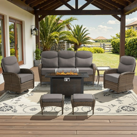 Bellefurn Luxury 7-Piece Patio Furniture Set with Fire Pit Table,Outdoor Swivel Rocker Patio Chairs with 6-inch Thick Cushion,Outdoor Couch,Ottomans,Outdoor Conversation Set for Porch,Deck,Yard