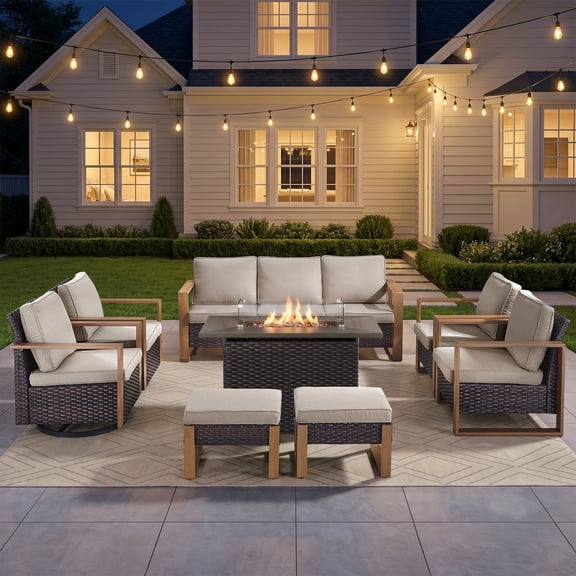Bellefurn Luxury 8 Pieces Patio Furniture Sets with 41” Propane Fire Pit Table,Rattan Outdoor Deep Seating Conversation Set with Swivel Glider Patio Chair,Rattan Sofa&Ottomans for Porch Backyard
