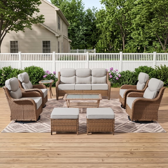 Bellefurn Luxury 9 Pieces Patio Furniture with 6" Thick Cushions,Swivel Rocker Chairs Rattan Sofa and Ottomans,Wicker Outdoor Conversation Sets for Porch Deck Backyard Poolside