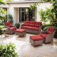 thumbnail image 1 of Bellefurn Luxury High Back Outdoor Furniture Set with 6 inch Thick Cushion,Patio Furniture Set with Swivel Rocker Chair,Sofa and Coffee Table,5 PCS Wicker Conversation Set for Yard,Deck,Poolside, 1 of 11