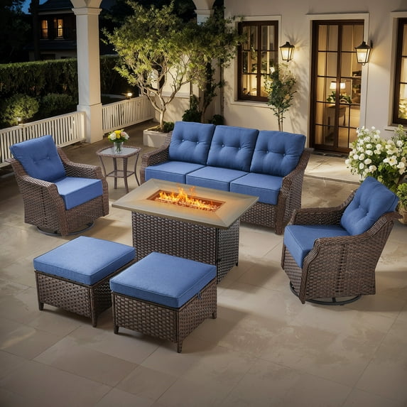 Bellefurn Luxury High Back Outdoor Furniture Set with Fire Pit Table and Swivel Rocker Chair,Couch,2 Ottomans and Side Table,7 PCS Wicker Outdoor Conversation Sets for Porch,Deck,Garden