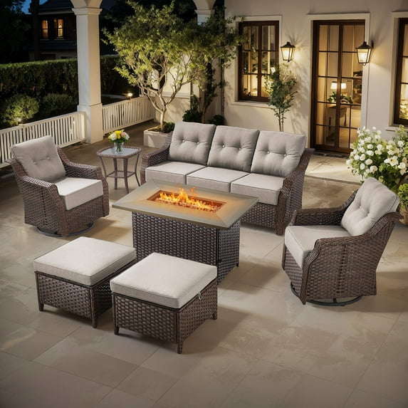 Bellefurn Luxury High Back Outdoor Furniture Set with Fire Pit Table and Swivel Rocker Chair,Couch,2 Ottomans and Side Table,7 PCS Wicker Outdoor Conversation Sets for Porch,Deck,Garden