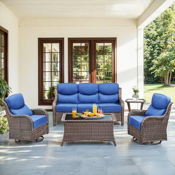 Bellefurn 5 Pieces Luxury Outdoor Patio Furniture Set Outdoor Conversation Set Outdoor Swivel Rocker Patio Chairs with 6" Thick Cushion,Sofa and Ottomans for Porch Deck Backyard Poolside