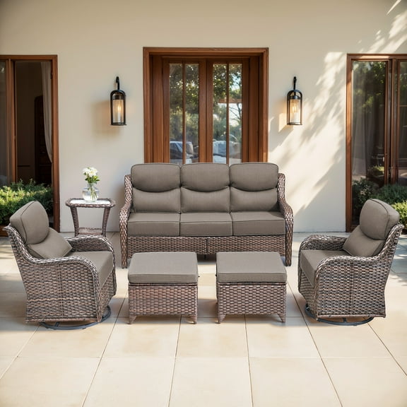 Bellefurn 6 Pieces Luxury Outdoor Patio Furniture Sets Outdoor Conversation Sets with Swivel Rocker Patio Chairs with 6" Thick Cushion,Sofa and Glass Coffee Table for Porch Deck Backyard Poolside