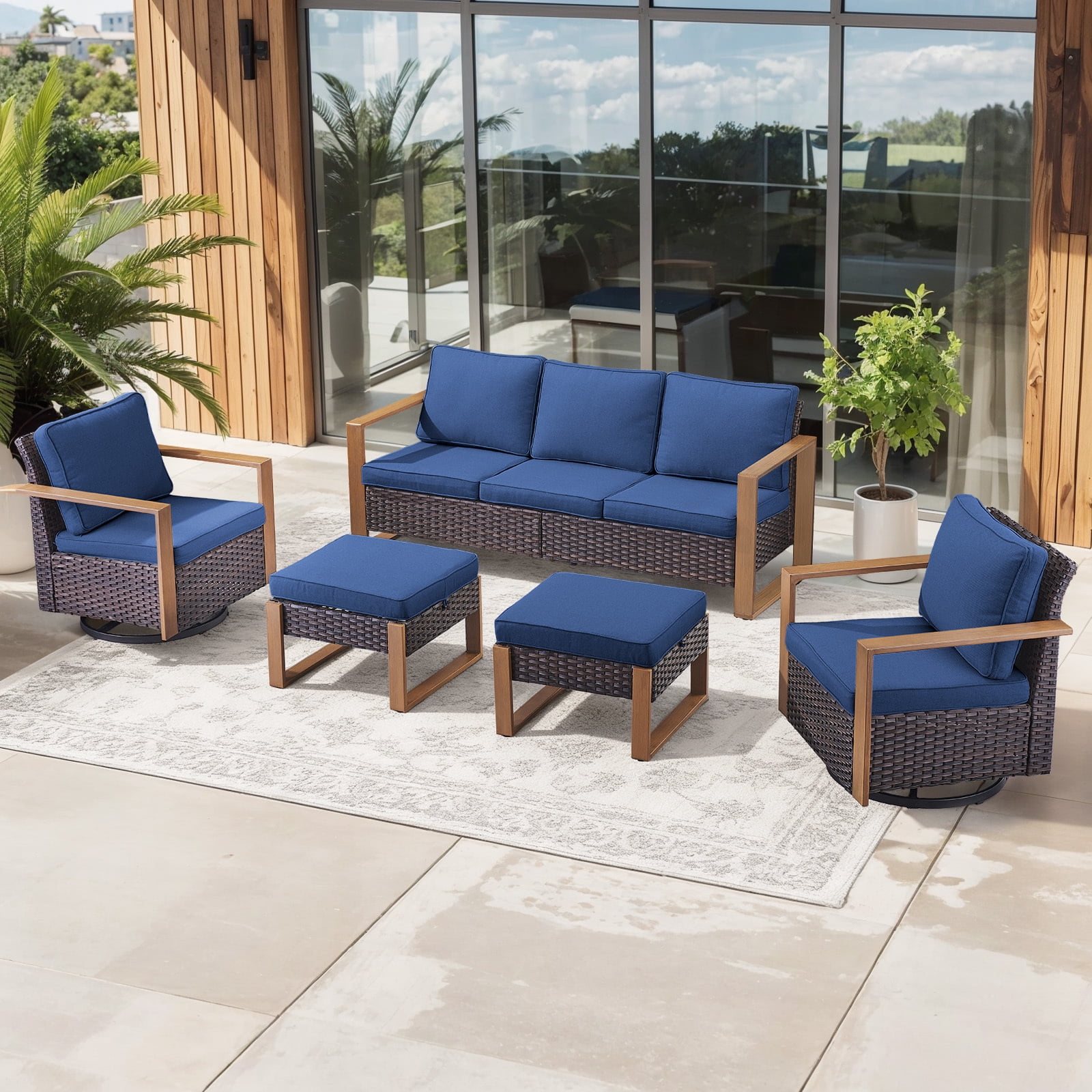 Bellefurn Luxury Outdoor Wicker Patio Furniture Set,5 Piece Deep Seating Outdoor Conversation Set with Patio Swivel Rocker Patio Chairs,Rattan Couch and Ottomans for Deck Porch Poolside