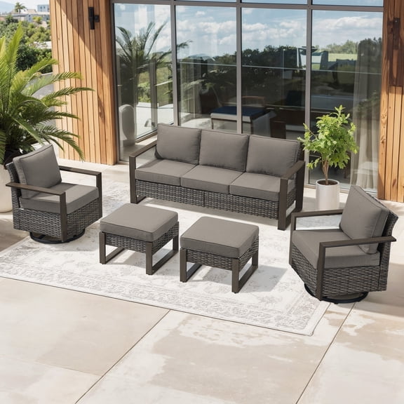 Bellefurn Luxury Outdoor Wicker Patio Furniture Set,5 Piece Deep Seating Outdoor Conversation Set with Patio Swivel Rocker Patio Chairs,Rattan Couch and Ottomans for Deck Porch Poolside