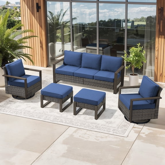 Bellefurn Luxury Outdoor Wicker Patio Furniture Set,5 Piece Deep Seating Outdoor Conversation Set with Patio Swivel Rocker Patio Chairs,Rattan Couch and Ottomans for Deck Porch Poolside