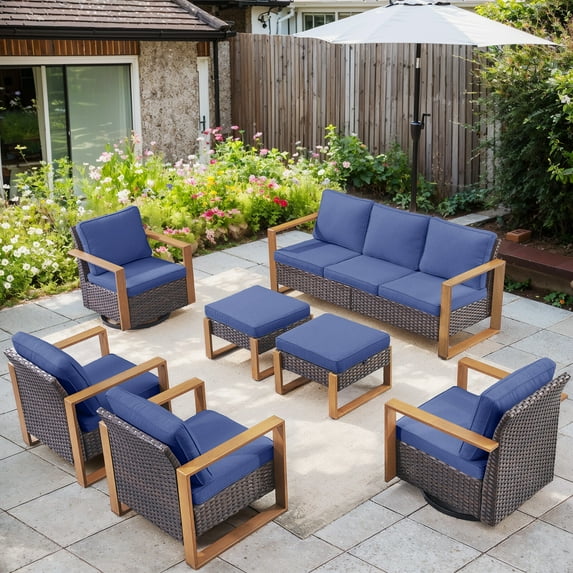 Bellefurn Luxury Outdoor Wicker Patio Furniture Set,7 Piece Deep Seating Outdoor Conversation Set with Patio Swivel Rocker Patio Chairs,Rattan Couch and Ottomans for Deck Porch Poolside