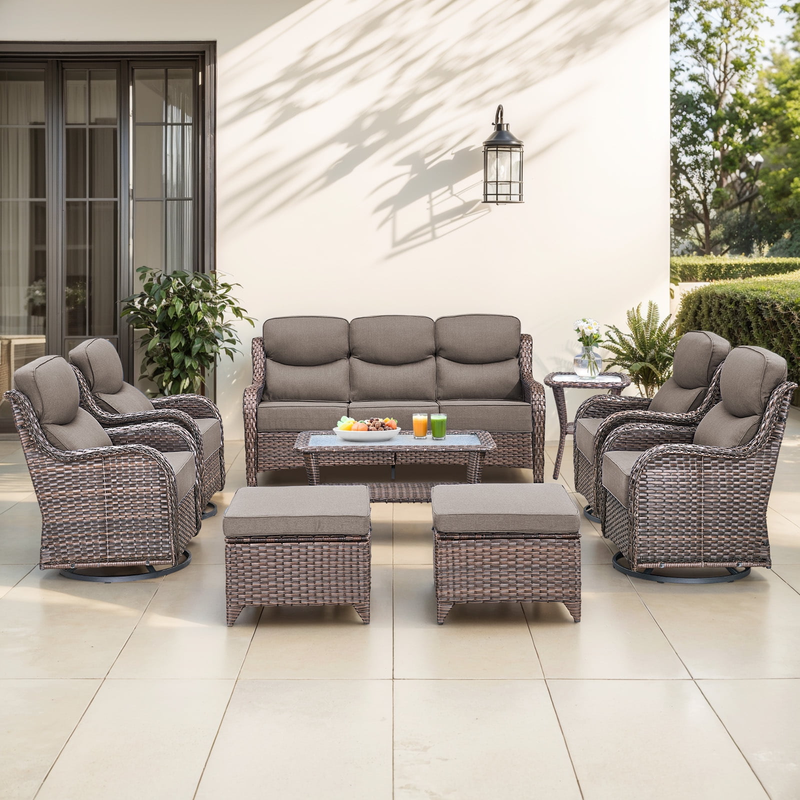 Bellefurn 9 Pieces Luxury Patio Furniture Sets Outdoor Conversation Sets with Swivel Rocker Chairs with 6" Thick Cushion,Sofa,Side Table and Ottomans,for Porch Deck Backyard Poolside