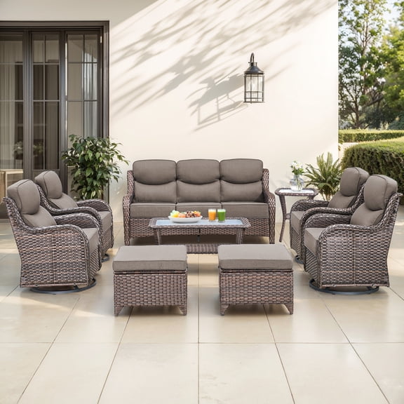 Bellefurn 9 Pieces Luxury Patio Furniture Sets Outdoor Conversation Sets with Swivel Rocker Chairs with 6" Thick Cushion,Sofa,Side Table and Ottomans,for Porch Deck Backyard Poolside