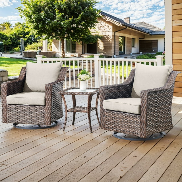 2-Piece Swivel Patio Chair Set With Table - Outdoor Wicker Rockers With Thick Cushions