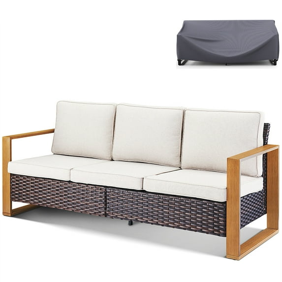 Bellefurn Outdoor 3 Seater Sofa Patio Couch Rattan Sofa with Waterproof Sofa Cover Set,Outdoor Patio Conversation Sets for Outdoor,Balcony,Front Porch