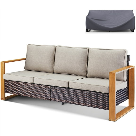 Bellefurn Outdoor 3 Seater Sofa Patio Couch Rattan Sofa with Waterproof Sofa Cover Set,Outdoor Patio Conversation Sets for Outdoor,Balcony,Front Porch